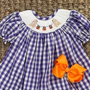 Smocked Halloween Dress with Puppies and Jack o’lantruns - Bishop Dress, Fall dress, baby girl 537 *G