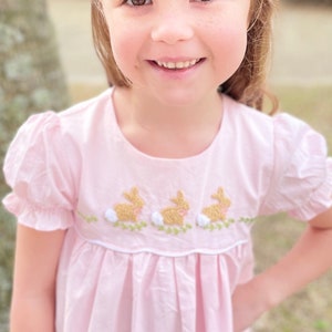 Easter Bunny Smocked & French Knot Belfort Dess - Pink with three bunnies, Vintage Style, Heirloom, Spring, matching sibling choices 487 *G