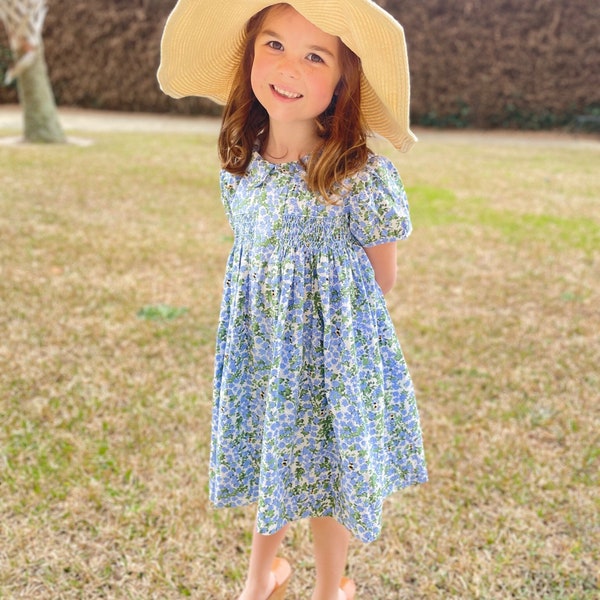 Charlotte Floral Hand Smocked Embroidered Collar Short Sleeve Dress in Green (4-8yrs)