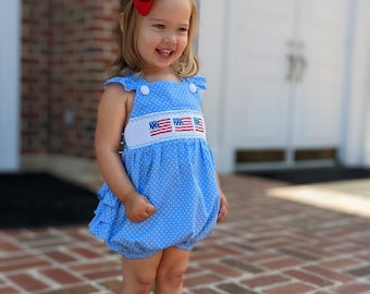 Flag Smocked Girl's Bubble Romper in polka dots & Ruffles - American Flag, 4th of July, Memorial Day, Army Navy Marine Graduation, Baby Girl