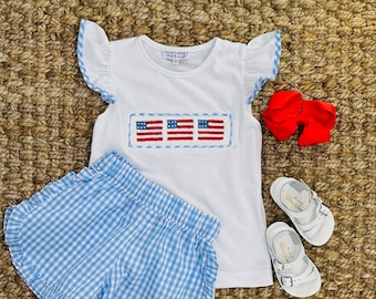 Flag Smocked Girl's Shirt in White Knit! (shorts sold separately) American Flag, 4th of July, Memorial Day, Army Navy Marine Graduation