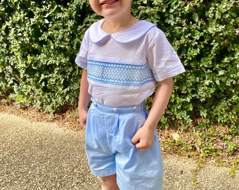 Boy&#39;s Smocked Outfit in Classic Blue and White with Button on Shorts- Easter, Wedding, Church, Vintage Style, Heirloom 414 *A