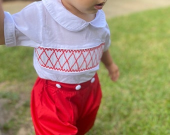 Heirloom Smocked Christmas outfit- Shirt with Button on Shorts- Vintage Style, Coordinating Sibling matches, Valentine