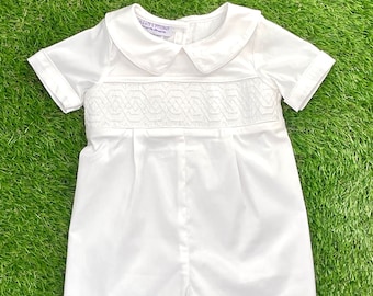 Smocked Heirloom Shortall in White with Collar -Ring Bearer, Easter, Baptism, Christening, Wedding, Matching Dress & Bubble Available