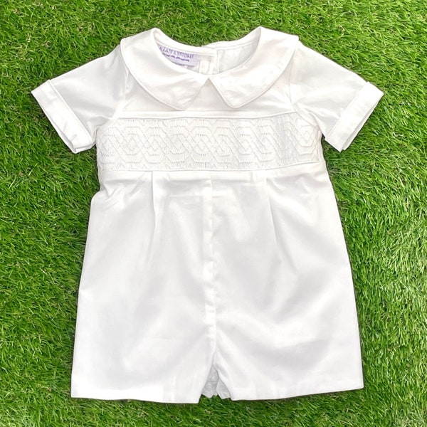Smocked Heirloom Shortall in White with Collar -Ring Bearer, Easter, Baptism, Christening, Wedding, Matching Dress & Bubble Available