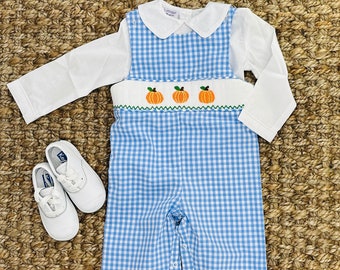 Pumpkin Smocked Longall in Blue Gingham - (Shirt sold separately) Fall, Halloween, Thanksgiving, pumpkin outfit, Jon Jon, Baby Boy Outfit