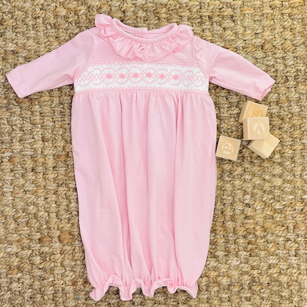 Smocked Layette Baby Gown in Pink - soft cotton, Baby Gift, baby girl, Coming home from hospital outfit, smocked baby outfit