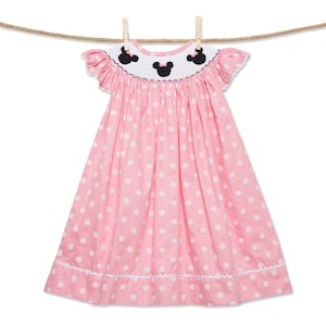 Pink Smocked Mouse Dress! Perfect for Disney Trip, Minnie Birthday Party, Baby Girl, Bishop dress, Flutter Sleeve 245 *H