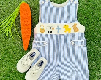 Easter Smocked Shortall in Blue Seersucker- Easter Basket, Lamb, Cross, Chick, Bunny, Coordinating Sibling Outfits, Baby Boy, Vintage Style