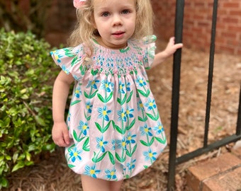 Smocked Printed Flower Bubble - Vintage Inspired Dress, Heirloom, Spring, Easter, Summer, Floral, Matching mommy and sister skirts!