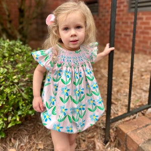 Smocked Printed Flower Bubble Vintage Inspired Dress, Heirloom, Spring, Easter, Summer, Floral, Matching mommy and sister skirts image 1