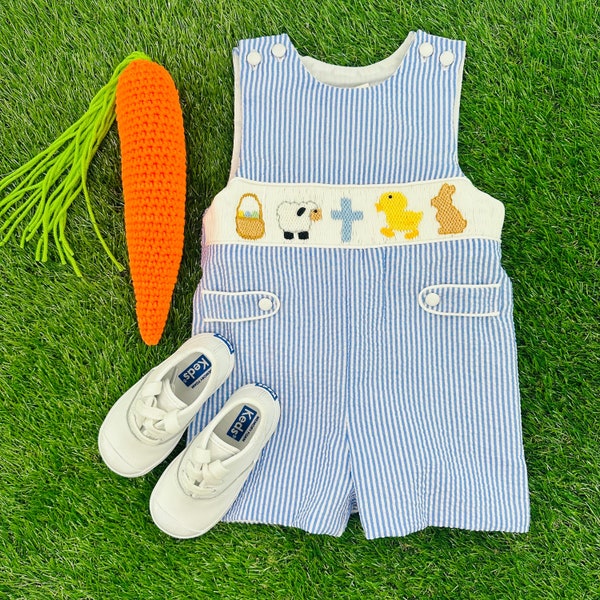 Easter Smocked Shortall in Blue Seersucker- Easter Basket, Lamb, Cross, Chick, Bunny, Coordinating Sibling Outfits, Baby Boy, Vintage Style