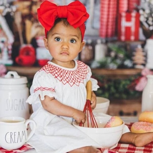 Smocked Valentine Dress on Winter White with Red and Lace Sleeves! Christmas, Santa Dress, Heirloom Bishop, Baby Girl, Vintage Style