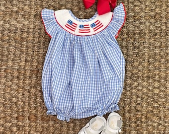 Flag Smocked Girl's Bubble Romper in light blue gingham -  American Flag, 4th of July, Memorial Day, Army Navy Marine Graduation, Baby Girl