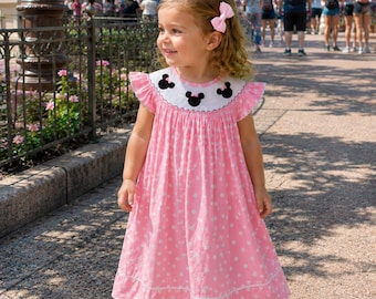 Pink Smocked Mouse Dress! Perfect for Disney Trip, Minnie Birthday Party, Baby Girl, Bishop dress, Flutter Sleeve 245 *G
