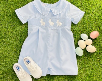 Easter Bunny Smocked Shortall in Blue - Baby Boy, Heirloom, Rabbit, Baby gift, Easter Outfit