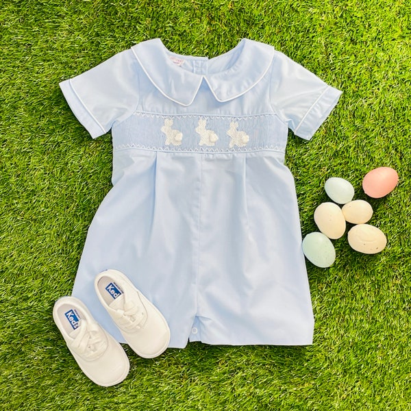 Easter Bunny Smocked Shortall in Blue - Baby Boy, Heirloom, Rabbit, Baby gift, Easter Outfit 497 *A