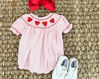 Valentine Smocked Bubble Romper - Red Hearts on Red Polka Dot, Smocked Sleeves, Baby Girl, Heirloom, Vintage Style