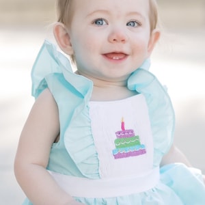 Birthday Cake Smocked Dress on Mint! 1,2,3,4,5 candles depending on size - Hand smocked Birthday Girl Dress, Vintage style, Heirloom 173 *G