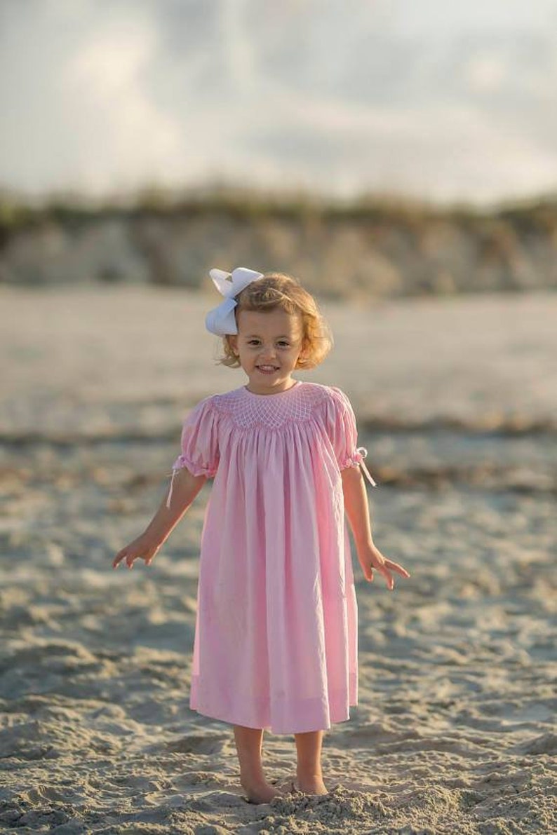 Smocked Heirloom Dress in pink with Ribbons on the Sleeves Vintage Style, Beach Dress, Flower Girl, Baby Girl, Bishop Style image 3