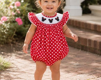 Mouse Ears Smocked Bubble Romper - Red Polka Dot, Baby Girl