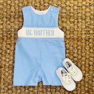 Big Brother Smocked Shortall - Koordinierende Baby Bruder & Baby Schwester Outfits, Geschlecht offenbaren, Zuhause aus dem Krankenhaus Outfit, 526 * E