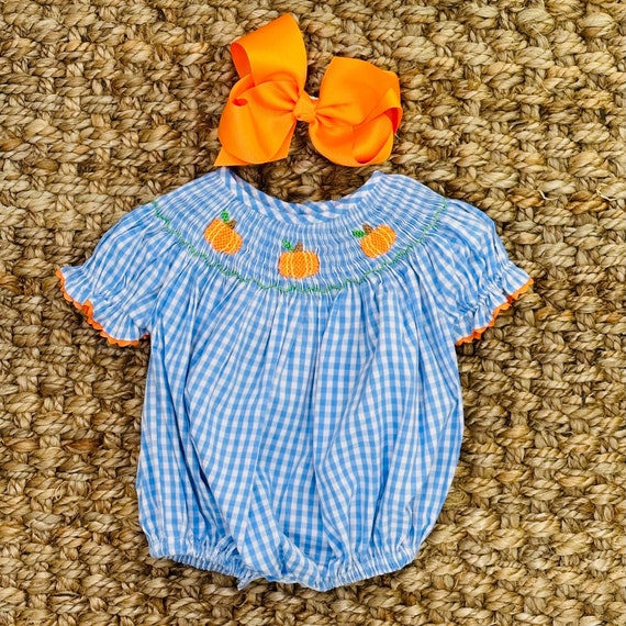 Smocked Pumpkin Bubble Romper in Blue Gingham - Halloween