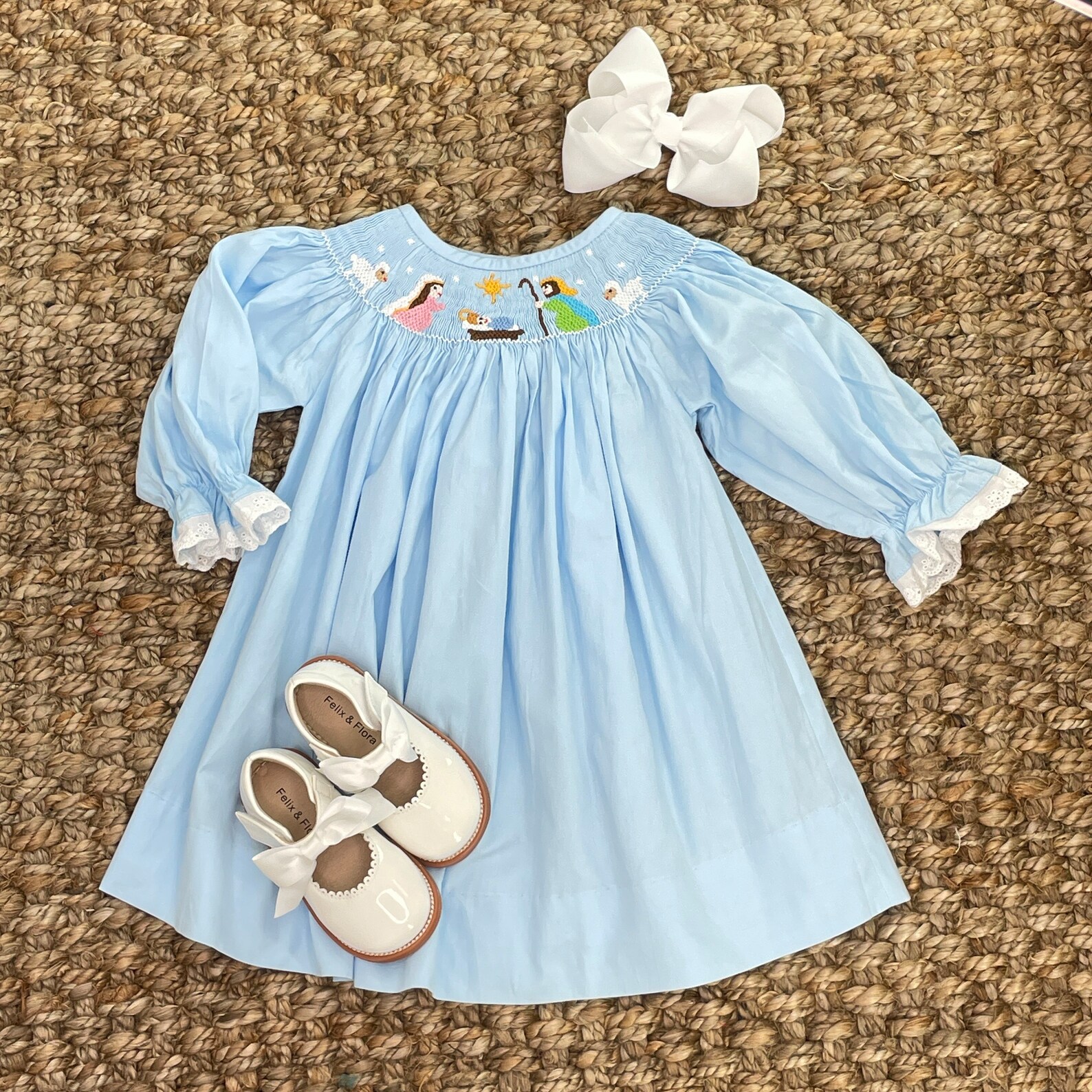 Nativity Christmas Smocked Dress in Light Blue Etsy