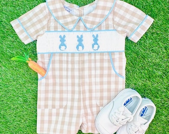 Smocked Easter Bunny Shortall on Tan Gingham - Vintage Style, Heirloom, Hand Smocked, Baby Boy Jon Jon 698 *A
