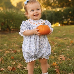 Smocked Pumpkin Bubble Romper in Blue Floral - Halloween, Thanksgiving, Fall, Bishop style, Baby Girl, Pumpkin Patch, Vintage Style 846 *B