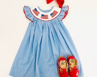 Smocked Bishop Dress- Flags