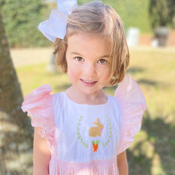 Easter Smocked & French Knot Chantilly Dress- Pink with Bunny!  Vintage style, Heirloom dress, Baby Girl, Matching Sibling