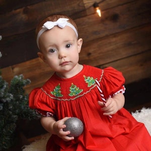 Smocked Christmas Tree Dress on Red Vintage Style, Holiday Dress, Baby Girl, Bishop Dress, Heirloom Dress, Matching sibling outfits image 2