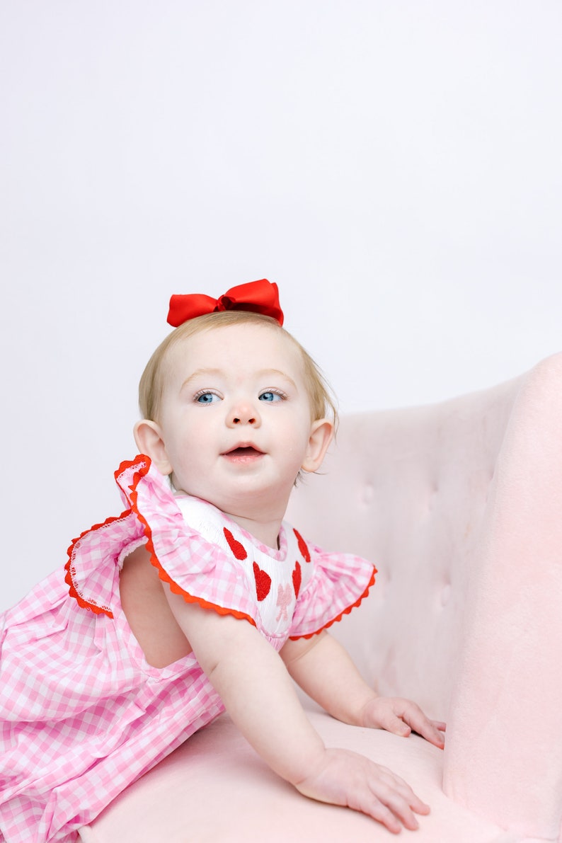 Valentine Smocked Bubble Romper Red Hearts and Bows on Pink Gingham matching sibling, heirloom, vintage, baby girl smock outfit image 6