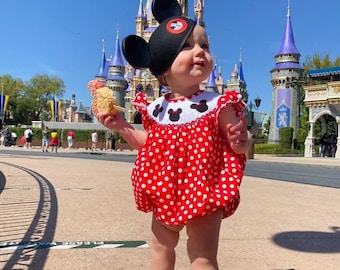 Mouse Ears Smocked Bubble Romper - Red polka dot, Baby Girl, Birthday, Magical Trip 111 *C