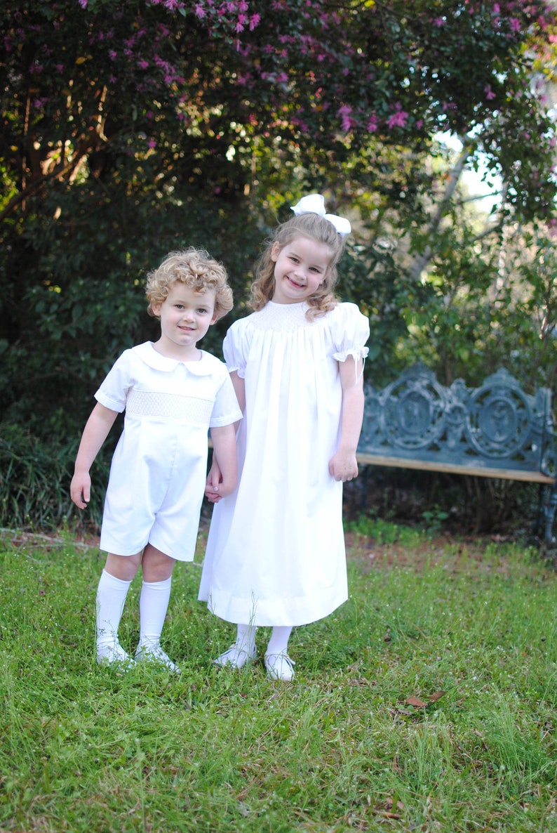 Heirloom Smocked Dress White with Cream Smocking and Ribbons Flower Girl, Wedding, Portrait, Easter, First Communion, Christmas image 4