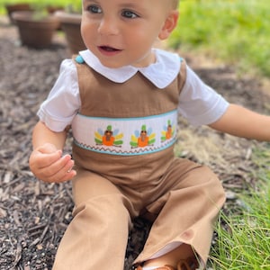 Turkey Smocked Thanksgiving Longall in Solid Tan with Blue Piping! (Shirt sold separately) Vintage Style, Heirloom, Baby Boy, Sibling match
