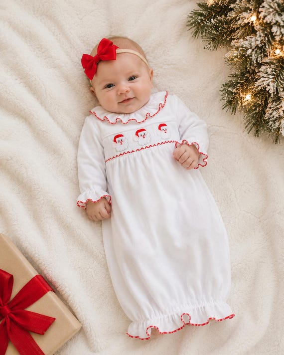 Santa Smocked Christmas Layette Gown - Baby Girl, Baby's First Christmas, Soft Cotton, Heirloom, Coming Home From Hospital, 671 *D