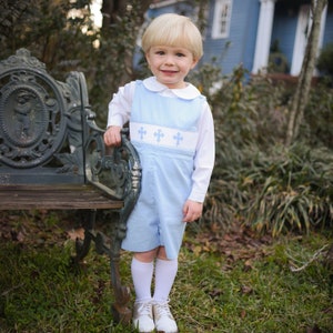 Cross Smocked Shortall in Blue with Blue Crosses - Baby Boy, Baptism, Easter outfit,  Christening, Heirloom outfit, Vintage Style 141 *A