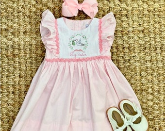 Sister Smocked Avignon Dress - Embroidered Stork on Pink with Flutter Sleeves, Big Sister, Baby Sister, Baby Girl, Stork