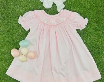 Bunny Smocked Dress - Easter Pink Bishop dress, Lace sleeves - Heirloom, Vintage Style, Machine washable 116 *G