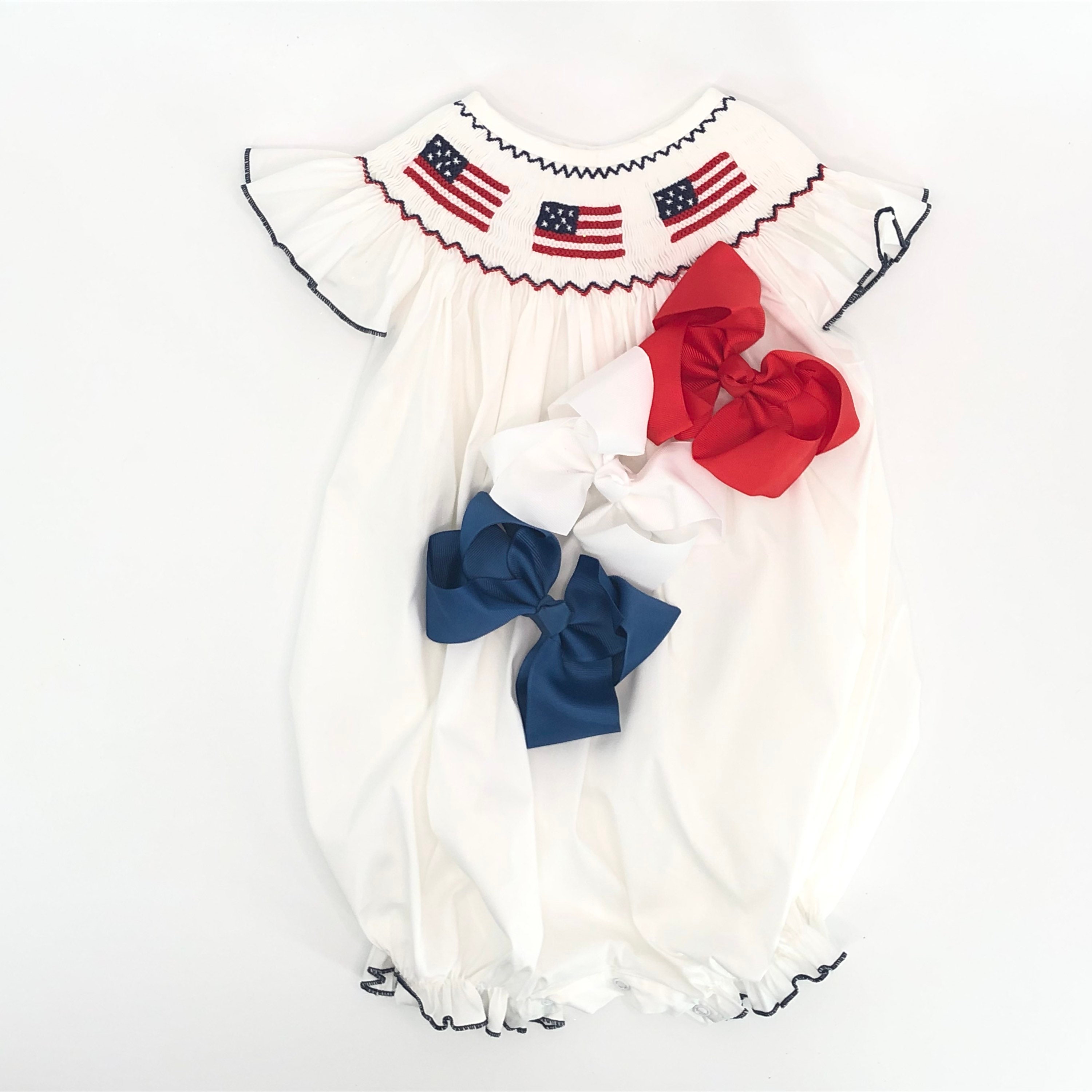 Flag Smocked Romper in Classic White