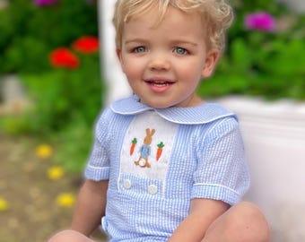 Easter Bunny Smocked Shortall - Peter Rabbit, Vintage Style, Heirloom, Hand Smocked, Baby Boy, Matching Sibling, 705 *A