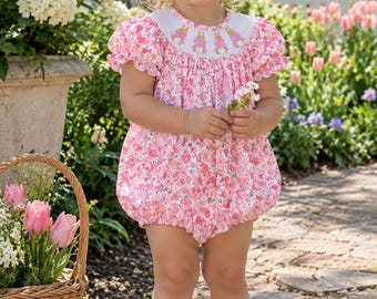 Easter Bunny Smocked Bubble Romper on Pink Liberty Floral, Cottontail Rabbit, Baby Girl, Vintage Style, Baby Gift, Heirloom 717 *B