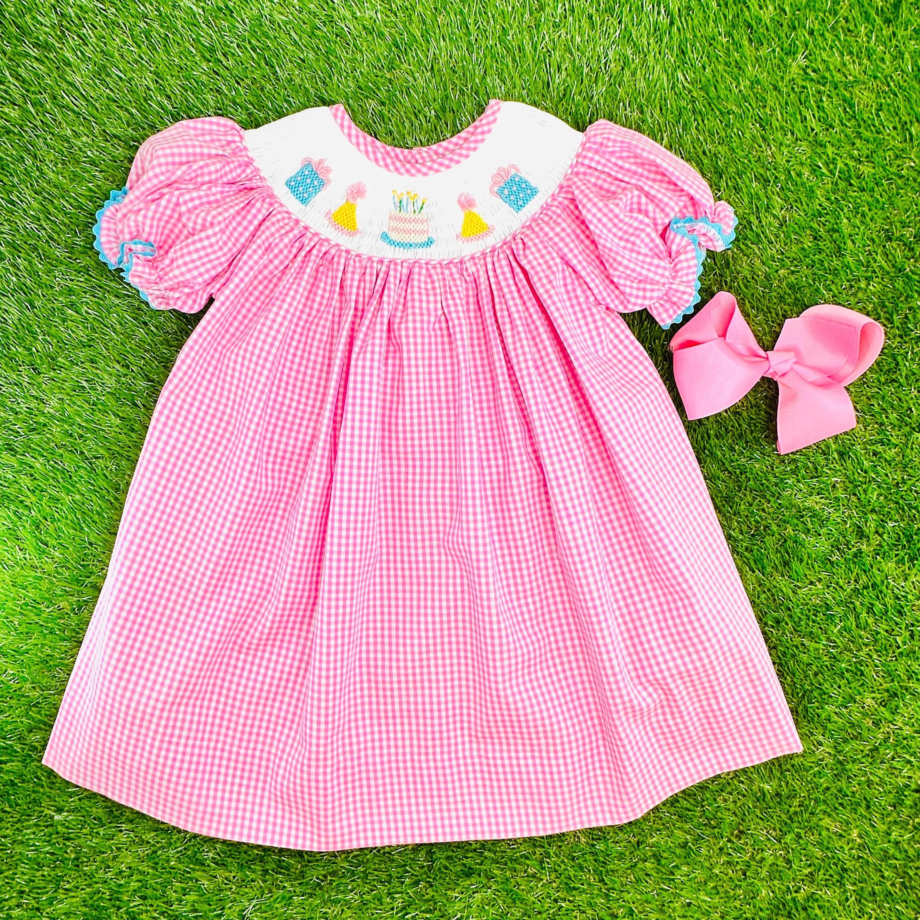 Birthday Smocked Dress in Pink Gingham- Birthday Party Outfit, Hand Smocked Bishop, Baby Girl, Vintage, Heirloom, Machine Washable 725 *G