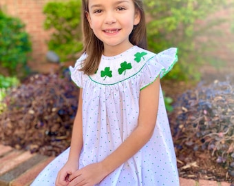 Shamrock Smocked  Dress in Polka Dots - St. Patrick's Day,  Bishop style, Flutter Sleeve, Baby Girl