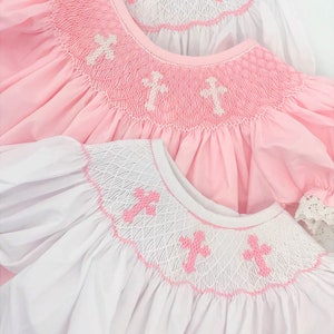 Smocked Cross Dress in Pink with Lace Baptism, Christening, Baby Girl, Heirloom dress, Flower Girl, Bishop Style image 3