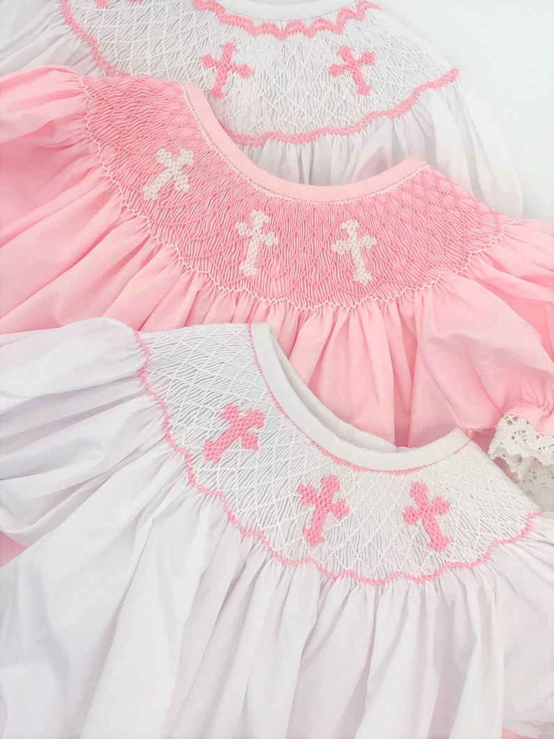 Smocked Cross Dress in Pink with Lace Baptism, Christening, Baby Girl, Heirloom dress, Flower Girl, Bishop Style image 3