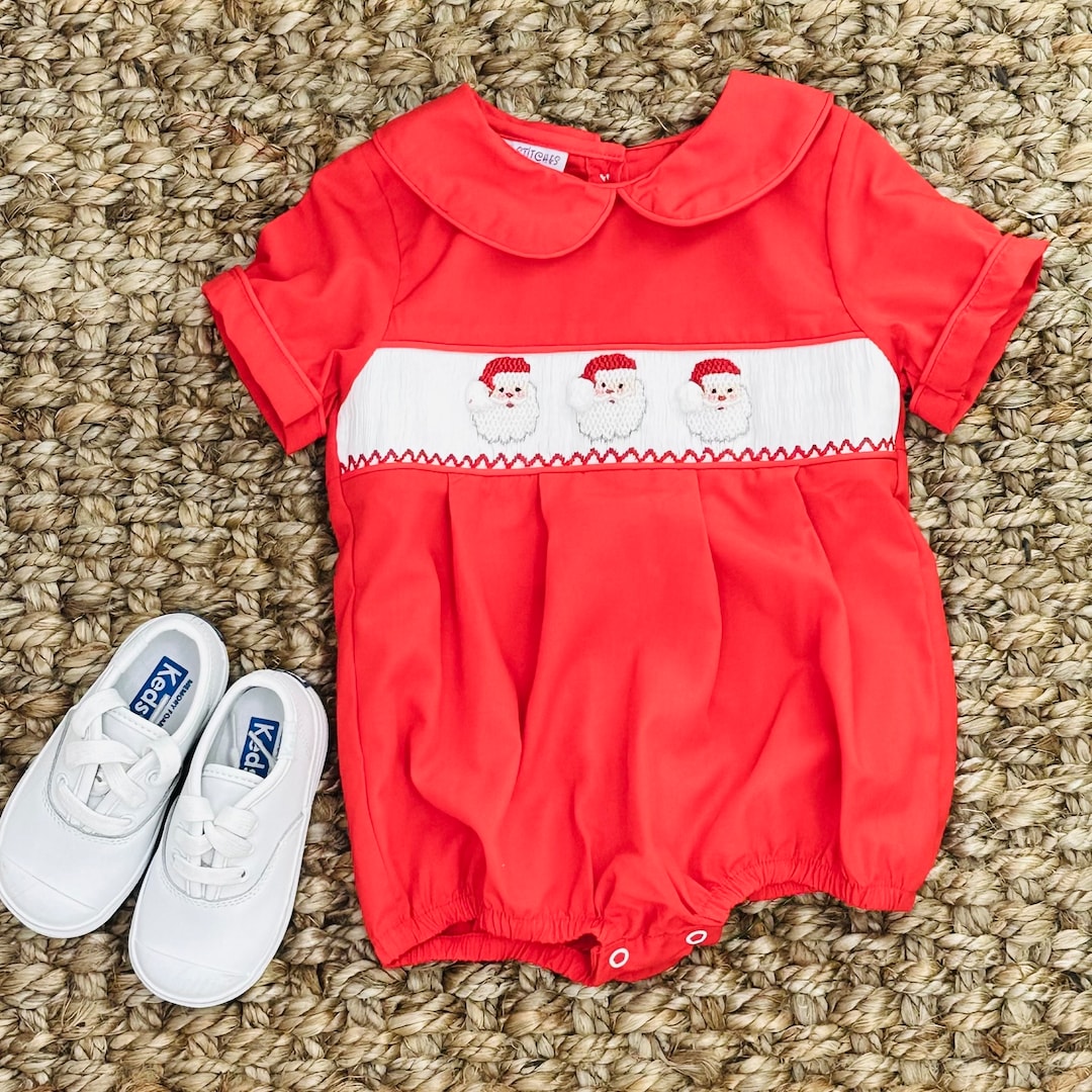 Santa Smocked Christmas Boy Bubble in Red Christmas Outfit, Heirloom