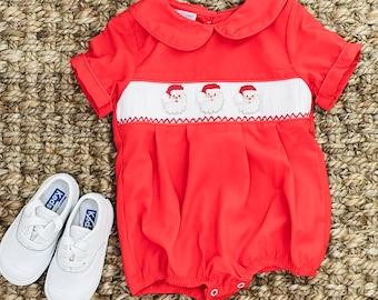 Petit Bebe Baby / Toddler Boys Blue Windowpane Smocked Santa & Reindeer Longall